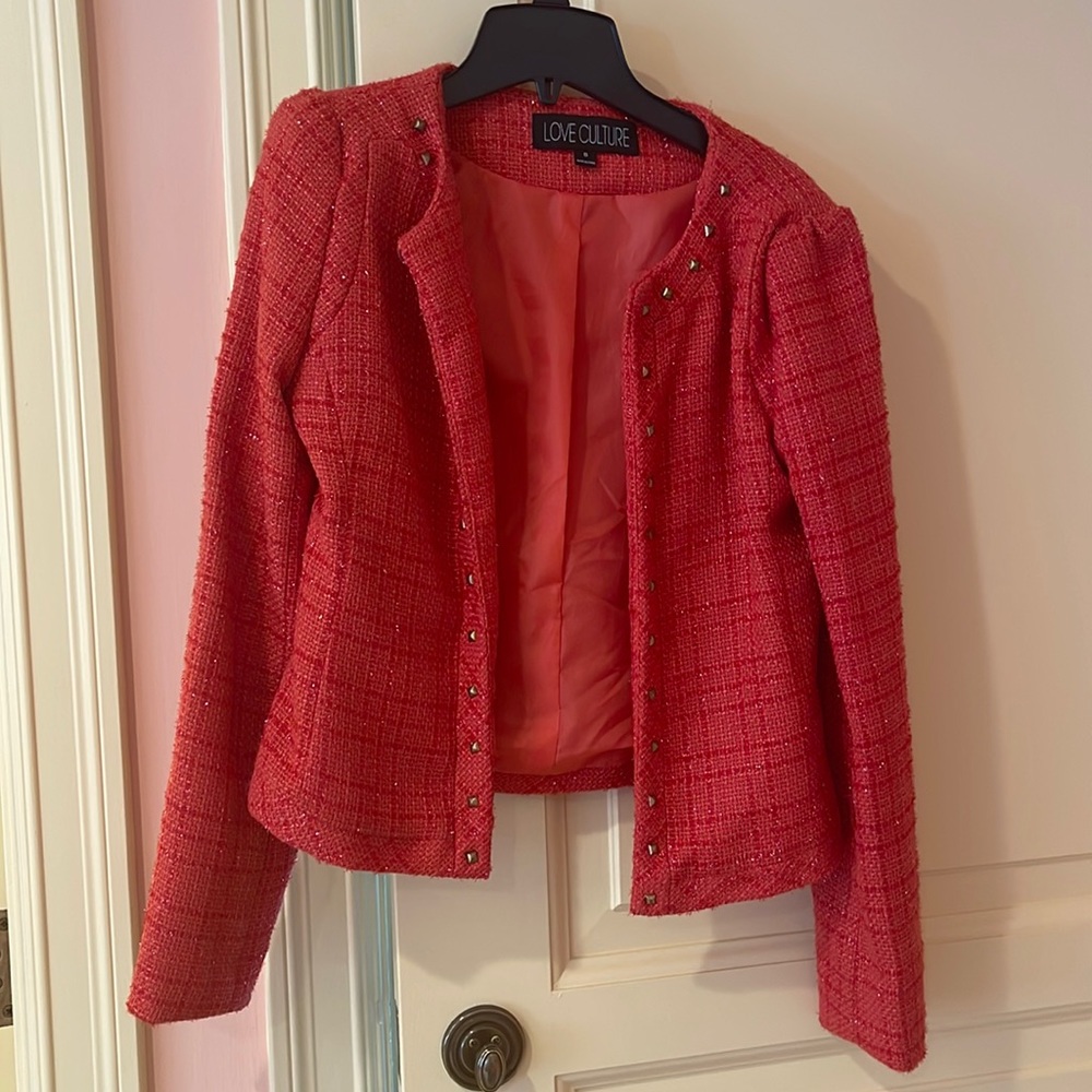 Love culture orange/red sparkly blazer w/ studs on the trim of the jacket-size S